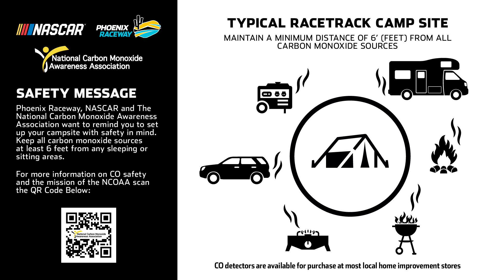 National Carbon Monoxide Awareness Association in partnership with Phoenix Raceway and NASCAR safety message
