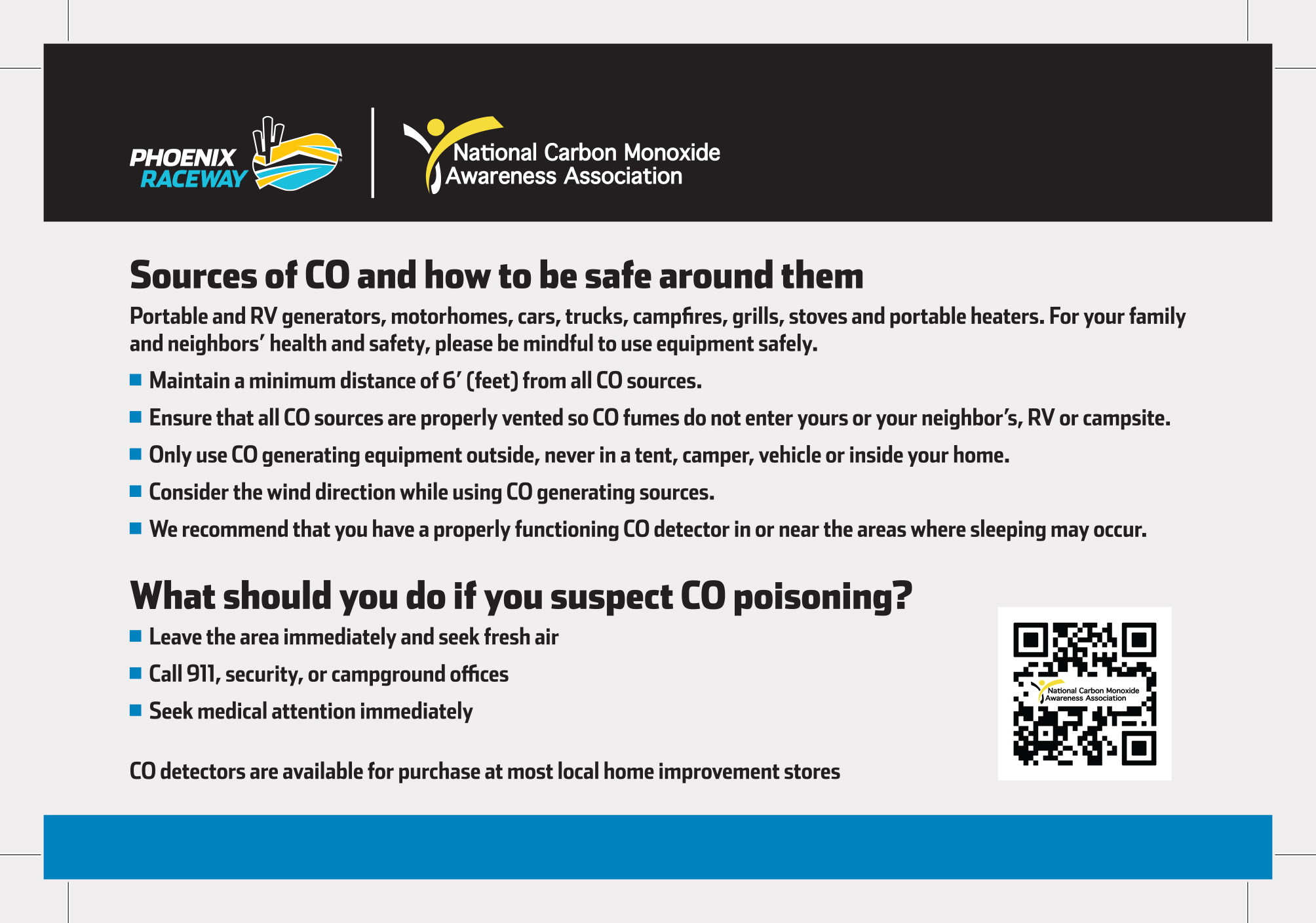 Sources of CO and how to be safe around them. Carbon monoxide safety message from Phoenix Raceway