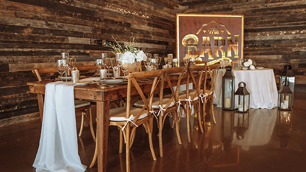 The Barn set up for a wedding reception