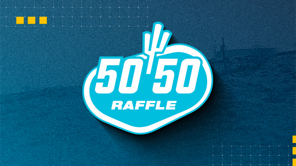 The image features a centered “50/50 Raffle” logo displayed on a textured, dark teal-blue background. The logo is shaped like a rounded badge or shield in bright teal with a white outline and subtle drop shadow, giving it a slightly raised, dimensional appearance. Inside the badge, the numbers “50 50” appear in large, bold white lettering, separated by a vertical graphic element resembling raffle tickets or stylized raised fingers. The word “RAFFLE” appears below the numbers in smaller, all-caps white text. The background includes faint dotted grid patterns in the upper left and right areas, along with small yellow square accents in the top left and bottom right corners, adding a modern, branded design touch. No people are present in the image.