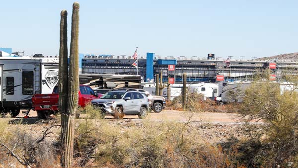 RVs and campers parked at Phoenix Raceway campground with tall saguaro cacti and Sonoran Desert vegetation in the foreground. The racetrack grandstands and fan facilities are visible in the background beneath a clear blue Arizona sky.