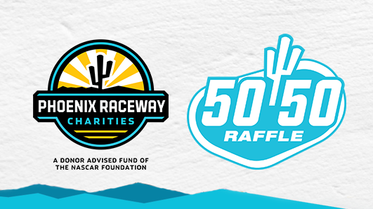 Phoenix Raceway Charities and 50/50 Raffle logos displayed side by side on a white textured background, with a teal geometric wave along the bottom.
